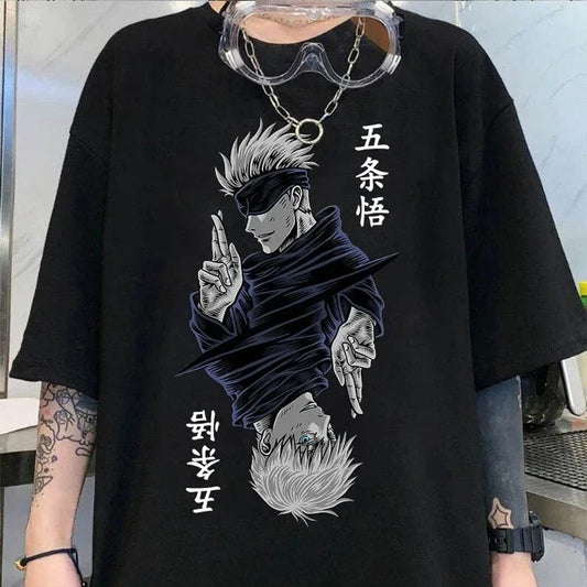 Fashion Jujutsu Kaisen Satoru Gojo Anime Printed Lady O-Neck Short Sleeve Women's T Shirt Black White Short Sleeve Polyester
